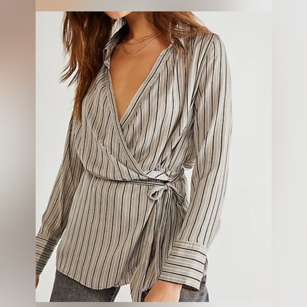 Free People Striped Wrap Blouse - Black and Cream w/ Blue pinstripes